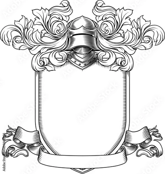 Fototapeta Coat of arms crest knight family medieval shield heraldry heraldic armorial motif. Featuring a knights helm helmet in a vintage etching engraving woodcut style
