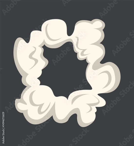 Obraz Cartoon smoke on wind, smoking comic kit. Explosion effect, cooking fog or fire smokes element. White motion cloud, snugly vector steam