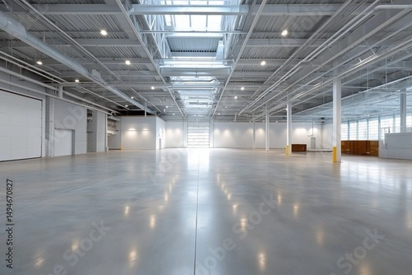 Fototapeta A large, empty warehouse with a lot of light shining on the floor. The space is very open and empty, with no furniture or people visible. Scene is one of emptiness and solitude