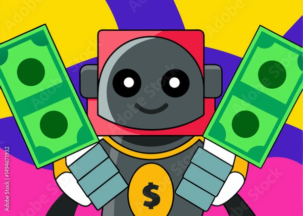 Obraz Funny cartoon robot animal character celebrates a happy birthday party with playful design art