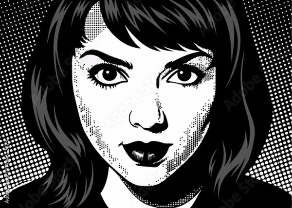 Obraz Stylish fashion illustration of a woman's head with beautiful eyes, lips, and flowing hair, depicting glamour and art in a vector silhouette
