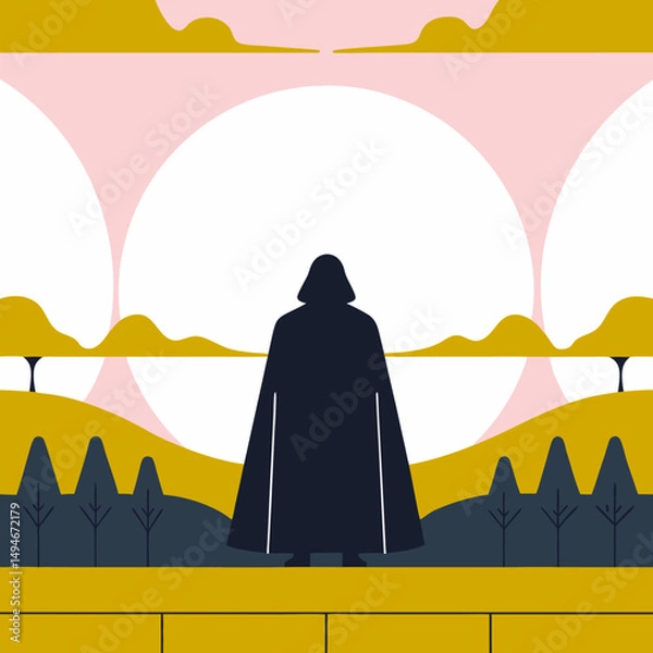 Obraz Desert mountain landscape at sunrise with a silhouetted man, trees, and an orange sky