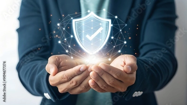 Fototapeta man hand with virtual screen "Cyberpunk Digital Art: Hands Holding Glowing Shield Icon | Futuristic Tech Protection"