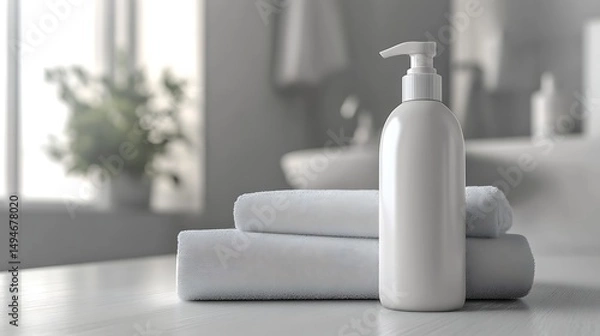Fototapeta Clean and Serene Bathroom Scene with White Towels and Soap Dispenser