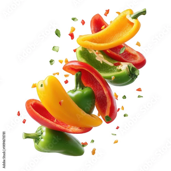 Fototapeta Assorted sliced bell peppers on black backdrop isolated on transparent background.png white background