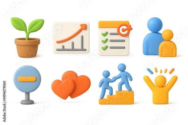 Fototapeta Growth and success icons with plant, graphs, checklists, teamwork, hearts, and celebration