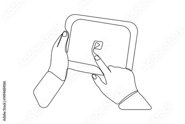 Obraz Hands holding tablet isolated line drawing. World Social Media Day concept hand-drawn illustration.
