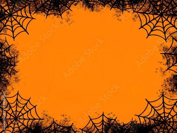 Fototapeta Grunge Halloween Spider Web Frame on Orange Background for Spooky Designs
