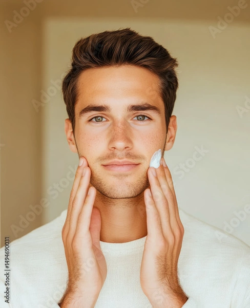 Fototapeta Young caucasian man applying face cream indoors