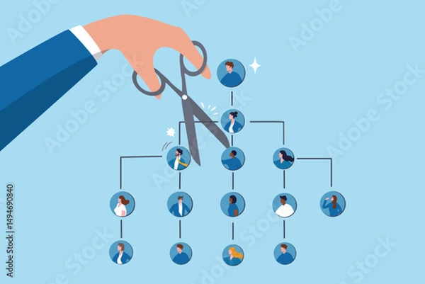 Obraz Downsizing or layoff employee, contract termination, loss job from redundancy, dismissal workforce, restructure company, unemployed or outsourcing, businessman hand cut job from organization chart.