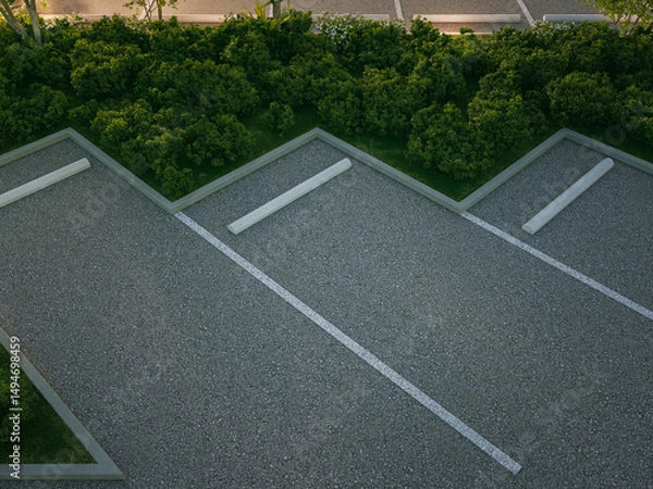 Fototapeta Empty asphalt floor parking lot and garden. Aerial view 3d rendering of car park.