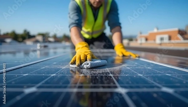 Obraz Worker cleaning solar panels