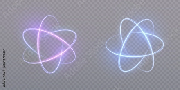 Obraz 
Luminous structure of atom molecule with blue energy orbits on transparent background. Futuristic nuclear particle model for physics, technology or scientific concepts.