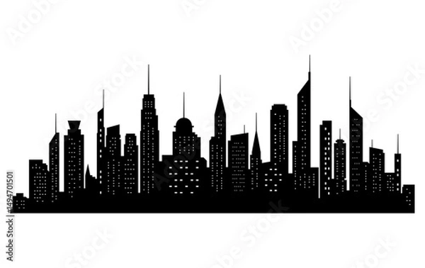 Obraz Black cities silhouette collection. Horizontal skyline set in flat style isolated on white. Cityscape with windows, urban panorama of night town.