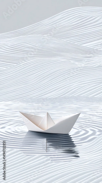 Obraz A small origami paper boat is gently floating on a serene surface of water. Soft ripples surround it, creating a tranquil atmosphere with a minimalist and peaceful background