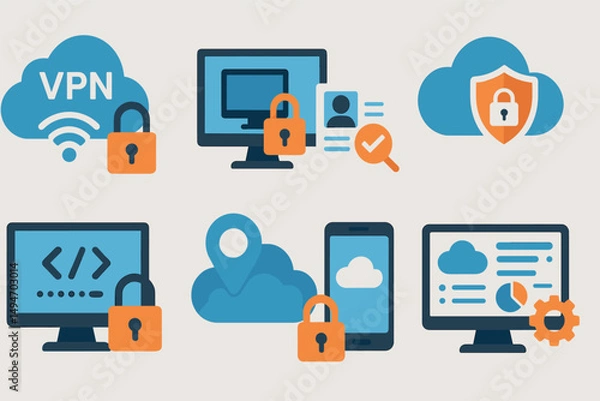 Fototapeta Cybersecurity and cloud flat icons set – secure, online data protection symbols
