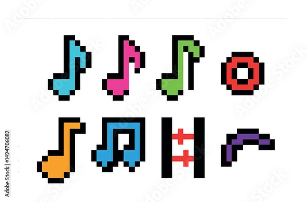 Fototapeta Colorful retro music notes and symbols in pixel art style for creative projects