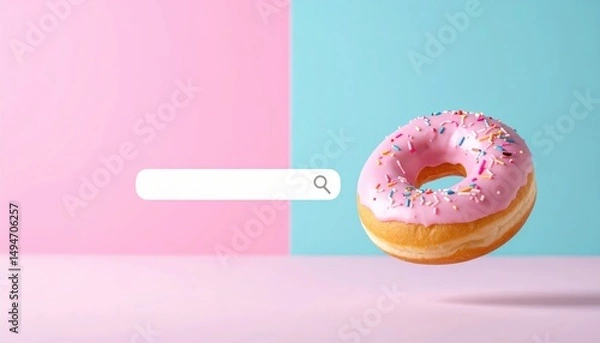 Obraz Pink frosted donut with colorful sprinkles floating over a pink and blue background with a search bar