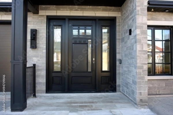 Fototapeta Front door of a modern home with two sidelights for a stylish and open entrance.