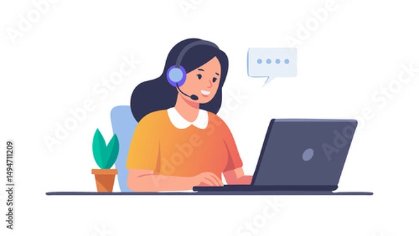 Fototapeta Woman hotline operator wearing headphones and microphone typing on laptop. Call center, customer service, assistance concept. Vector illustration. 