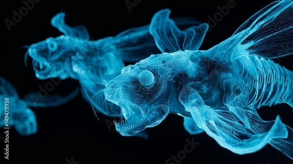 Fototapeta 3D holographic rendering of deep-sea fish in glowing blue wireframe, symbolizing futuristic marine biology and sci-fi creature design