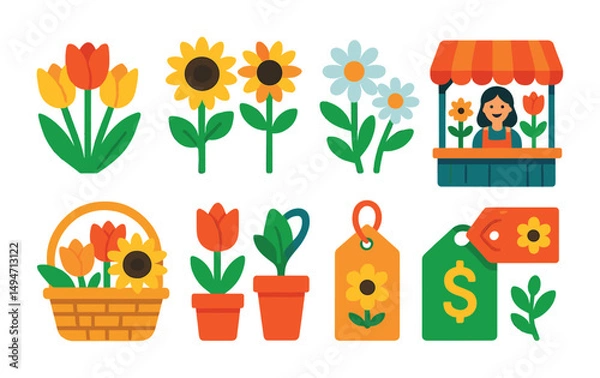 Obraz Gardening and flowers icons set - flat, colorful, floral and plant symbols