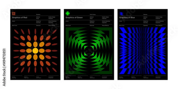Obraz bold geometric poster set with red, green, and blue color systems retro futuristic abstract visual art for design templates or book cover backdrops banner front page annual pattern set