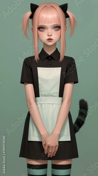 Fototapeta Young female in a maid cosplay with cat ears and tail, standing against a muted green backdrop.