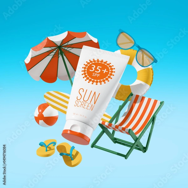 Obraz Sunscreen tube and beach accessories floating in the air in blue background. Moisturizing and protection for skin from solar ultraviolet light. 3D illustration. Advertising sunscreen cream