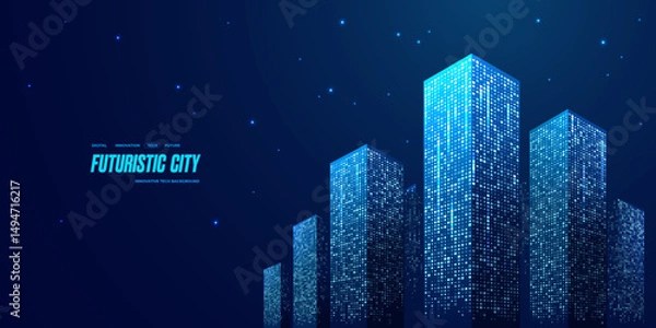 Fototapeta Futuristic digital city buildings on a technology blue background. Hologram of smart city. Night tech buildings. Modern town concept. Abstract 3D constructions of houses and offices. Vector landscape.
