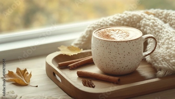 Fototapeta Enjoying Cozy Fall Day with Latte and Cinnamon Sticks on Tray