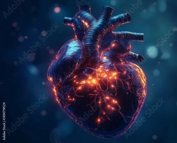 Fototapeta Anatomical-shape heart on a dark blue background, futuristic deep colors