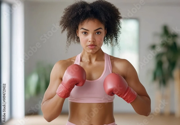 Fototapeta Young afrodescendant woman boxing at home gym