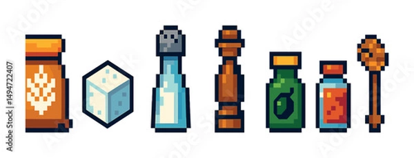 Obraz Kitchen essentials icons set – pixel art, culinary, cooking symbols and tools