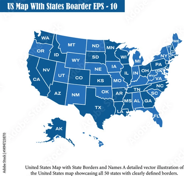 Obraz Us Map USA Map Vector United States Map of America with States and Names Isolated Country Outline Political Geography Flat Design Illustration