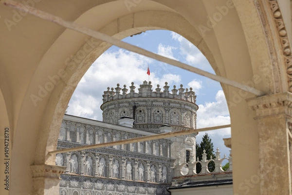 Obraz Noble Tower, topped with copy of crown of King Sigismund III Vasa, Krasiczyn Castle, Krasiczyn, Poland