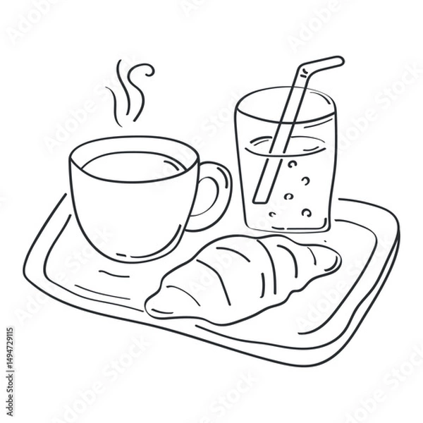Fototapeta Vector illustration in minimalistic hand-drawn style with cozy breakfast tray. Perfect for illustrating morning rituals, breakfast menu, cafes, food blogs and lifestyle content