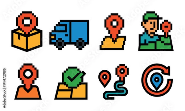 Obraz Delivery and logistics pixel art icons set – map, location, transportation symbols