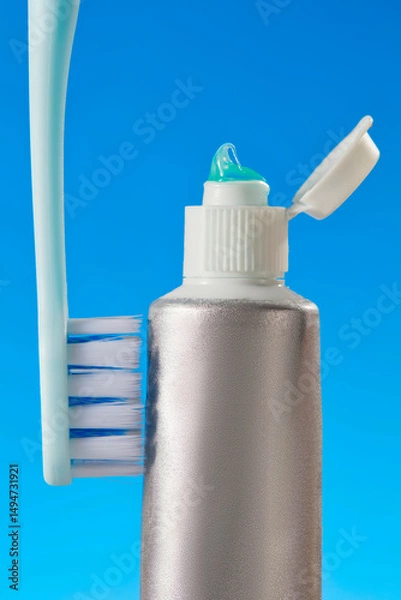 Fototapeta A close-up shot of a metallic toothpaste tube with the cap open, next to a blue toothbrush standing vertically. The background is clean blue, giving a fresh and healthy feeling.