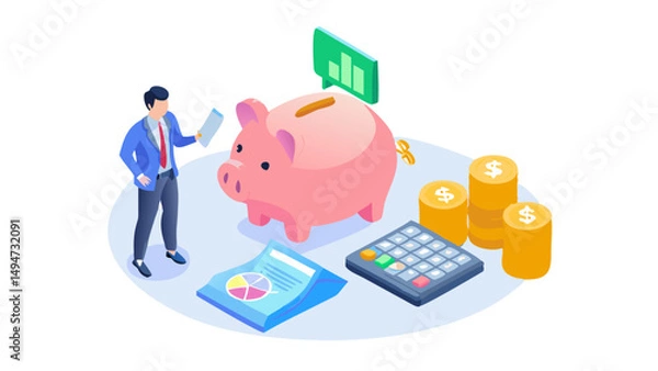 Fototapeta Character managing capital, profit, revenue, saving money in piggy bank, calculating tax, analyzing investments, funds. Business, financial management concept. Flat isometric vector illustration.