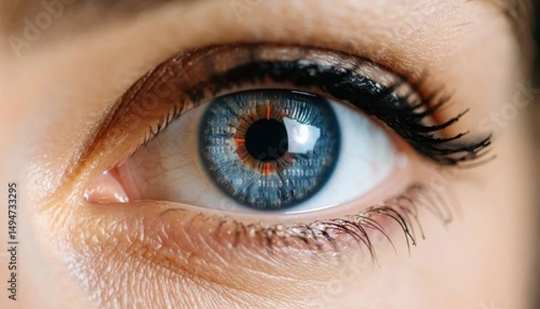 Obraz Close-up of Blue Eye with Digital Binary Code Reflection Detail