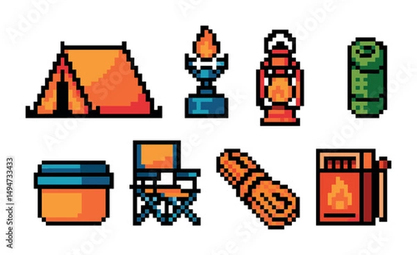 Obraz Camping and adventure pixel art icons set – survival, nature exploration symbols