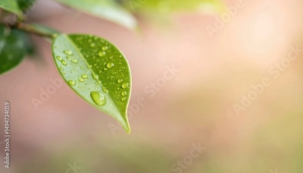 Obraz Fresh Green Leaf with Water Droplets on Nature Background