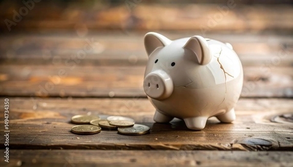 Obraz Broken piggy bank with coins on wooden surface representing savings loss