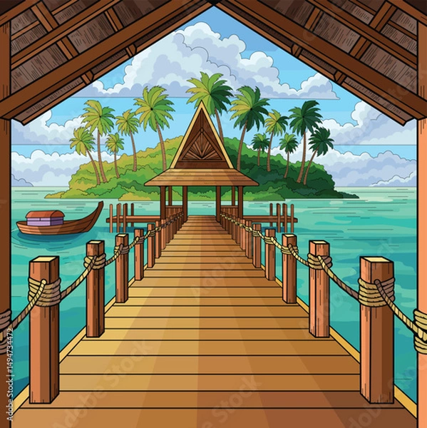 Obraz Cartoon-style tropical pier over turquoise water with a wooden hut, palm trees, and island in the background. Bright sunny sky and boat create a peaceful summer vacation scene.