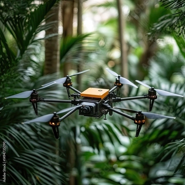 Fototapeta AI-powered biodiversity drones capturing real-time ecosystem imagery using thermal sensors, behavior detection, habitat analytics, and automated data collection in remote zones --raw --stylize 250