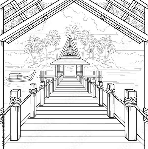 Obraz Black and white line art of a tropical pier with a wooden hut, palm trees, island, and boat. Ideal for coloring books, activity sheets, or printable summer vacation-themed artwork.