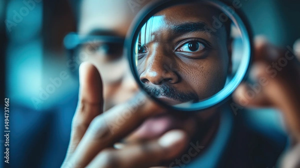 Fototapeta Magnifying glass insight analyzing office photo details in close-up