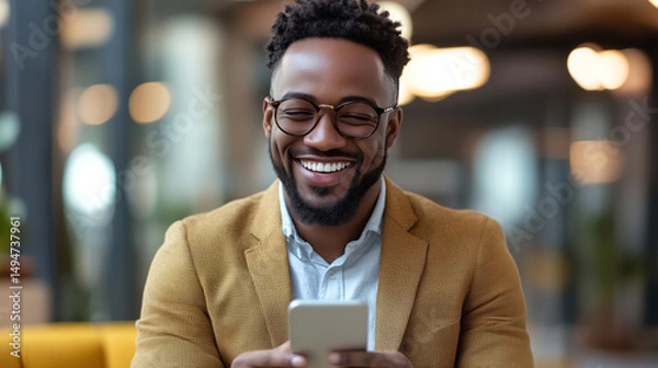 Fototapeta Man smiling using smartphone in modern  setting urban lifestyle