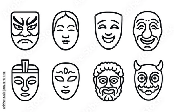 Fototapeta Theater and drama icons set in line style – masks, performance, stage symbols